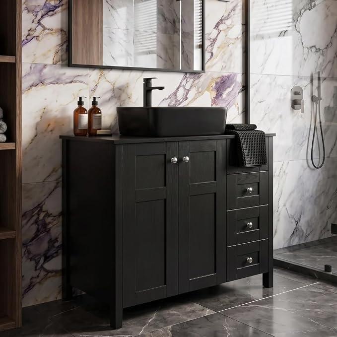 32'' Bathroom Vanity with Sink, Modern Bathroom Cabinet, Black | 2 Soft-Close Cabinet Doors, 4 Drawers, 2-Tier Inner Shelf, Freestanding Large Storage Cabinet, Without Sink