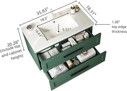 Floating Bathroom Vanity with Sink, 36" Bathroom Storage Cabinet with Curve Design Ceramic Basin & 2 Soft-Close Drawers, Wall-Mounted Vanity with Large Storage Space & Black Handle, Green