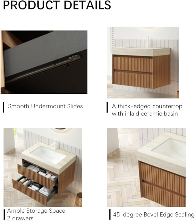 30" Bathroom Vanity with Sink, Modern Bathroom Floating Vanity with Travertine-Pattern Sintered Stone Top & Ceramic Undermount Basin, Pre-Assembled W/2 Drawers, Espresso