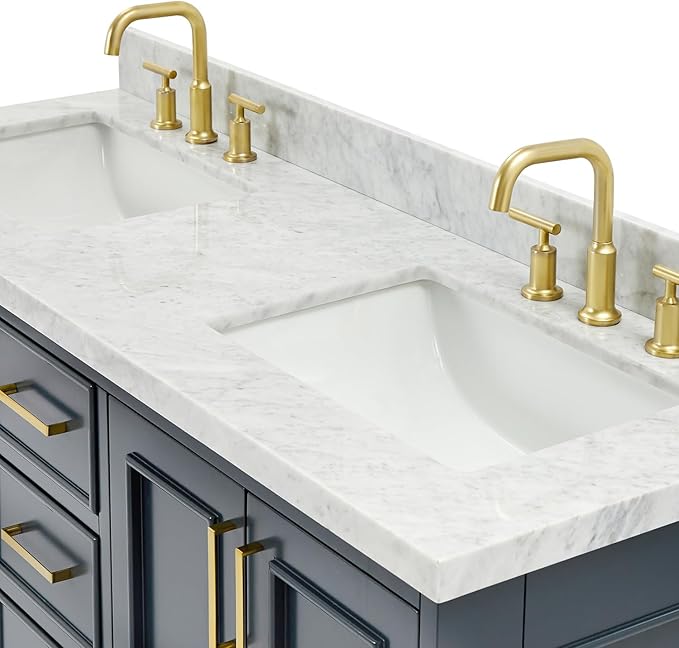 ARIEL Stafford 60-inch Bathroom Vanity with Sink,Solid Wood, 1.5-inch Italian Carrara Marble Countertop, Double Rectangular Porcelain Sink, 4 Soft Closing Doors, 6 Dovetail Drawers, Midnight Blue