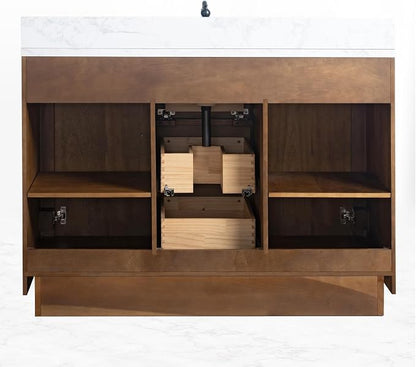 Vanity Art 48 inch Bathroom Vanity with Single Sink, Modern Wood Bath Vanity with Carrara Marble Top, Vanity Cabinet with Doors， Removable Shelf, Solid Wood Frame, Ceramic Sink, Tan, VA7048E