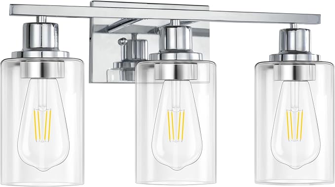 3 Light Vanity Light Fixtures, Polished Chrome Bathroom Wall Sconces, Modern Wall Lights with Clear Glass Shades, Bathroom Wall Lamp over Mirror Kitchen Bedroom Living Room Hallway Cabinet Porch
