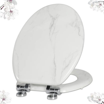 Angel Shield Marble Toilet Seat Durable Molded Wood with Quiet Close,Easy Clean，Quick-Release Hinges (Elongated,White Marble)
