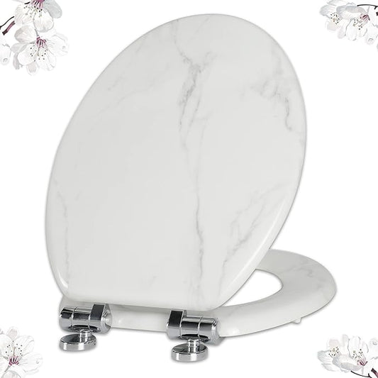 Angel Shield Marble Toilet Seat Durable Molded Wood with Quiet Close,Easy Clean，Quick-Release Hinges (Elongated,White Marble)