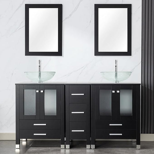 LUCKWIND 60" Double 24" Bathroom Vanity with Sink Combo, Elegant Series with One 12.6-in Side Cabinet, Painted Frame, Including Transparent Round Sinks, Faucets Without Mirrors, Black