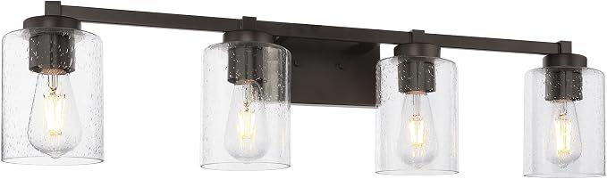 Beionxii 34In Farmhouse Bathroom Light Fixtures,Rustic Vanity Light Fixture | 4-Light Bathroom Vanity Light Fixture, Seeded Glass Shade, Oil Rubbed Bronze Over Mirror for Bathroom Living Room, BXMB9002-4