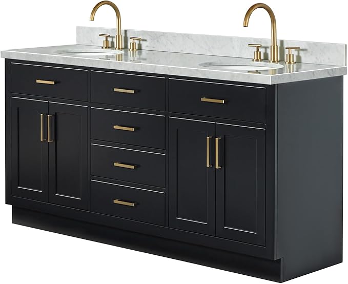ARIEL Hepburn 72-inch Bathroom Vanity with Sink,Solid Wood, 1.5-inch Italian Carrara Marble Countertop & Backsplash, Double Oval Porcelain Sink, 4 Soft Closing Doors, 6 Dovetail Drawers, Black