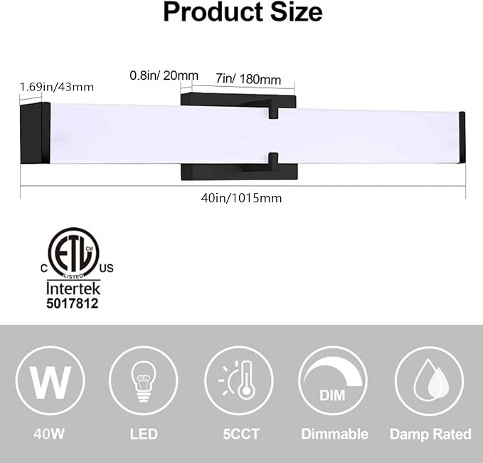 40 inch Bathroom Vanity Light 2700/3000/3500/4000/5000k Dimmable, Black Modern Matte for Vanity Lighting Over Mirror LED, Equivalent to Incandescent 350W, ETL Certificated (1 Pack)
