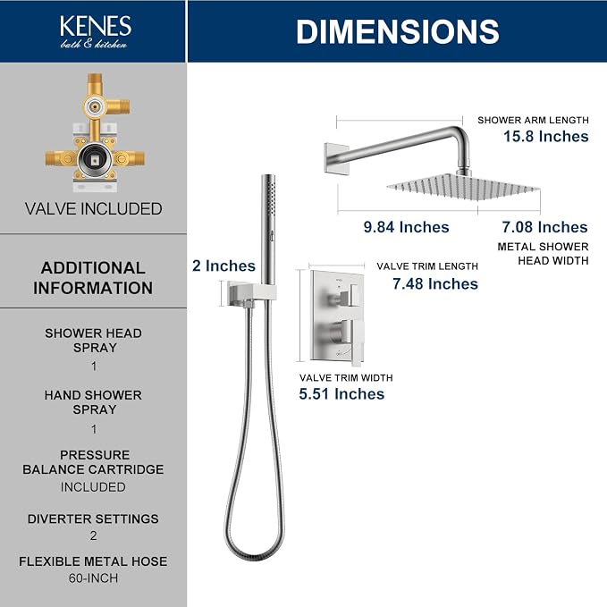 KENES Brushed Nickel Square Rain Shower System Faucet Set with Handheld | Shower Faucet with 10-Inch Rain Shower Head, Square Shower System, Valve Included, Lead-Free cUPC & NSF Certified, Stainless