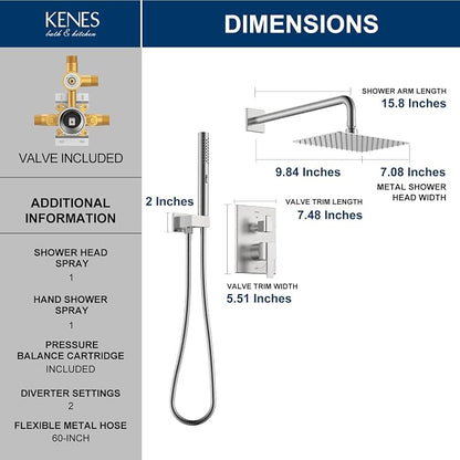 KENES Brushed Nickel Square Rain Shower System Faucet Set with Handheld | Shower Faucet with 10-Inch Rain Shower Head, Square Shower System, Valve Included, Lead-Free cUPC & NSF Certified, Stainless