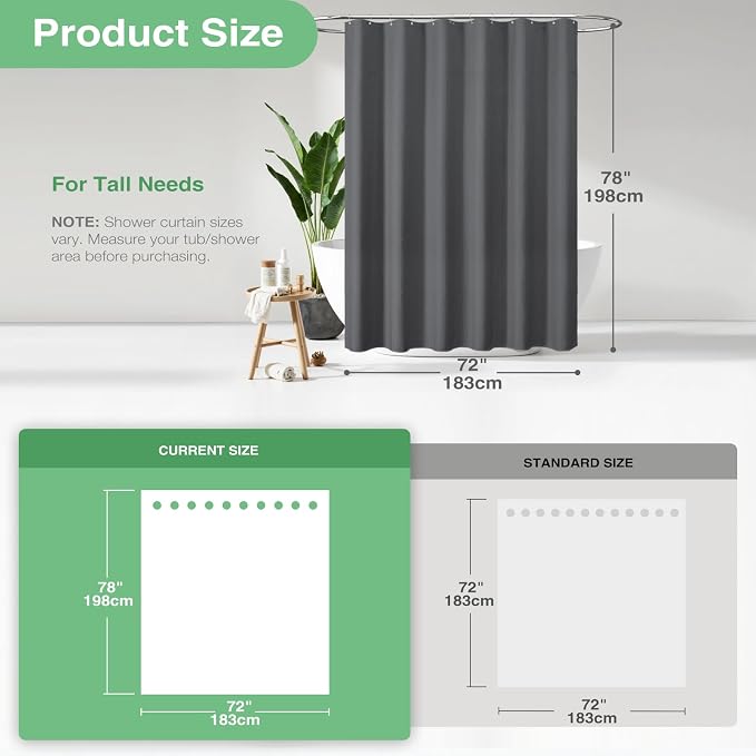 Long Waffle Shower Curtain 256GSM Heavy Fabric 72x78 Charcoal Grey | 78 Inch Long, Thick Cloth, Weighted Hem, Water Repellent, Tall Hotel Luxury Polyester Shower Curtains for Bathroom 12 Hooks