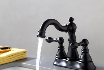 Two Handle Matte Black Bathroom Faucet 3 Hole with Pop up Drain Assembly, Classic 4 Inch Centerset Lavatory Faucet with 360° Swivel Spout,F-0048-MT
