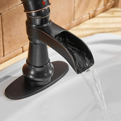 BWE Bathroom Sink Faucet Oil Rubbed Bronze Waterfall Bathroom Faucets for Sink 1 Hole Single with Pop Up Drain Assembly and Supply Hose Single Handle Farmhouse Vanity Bath Faucet