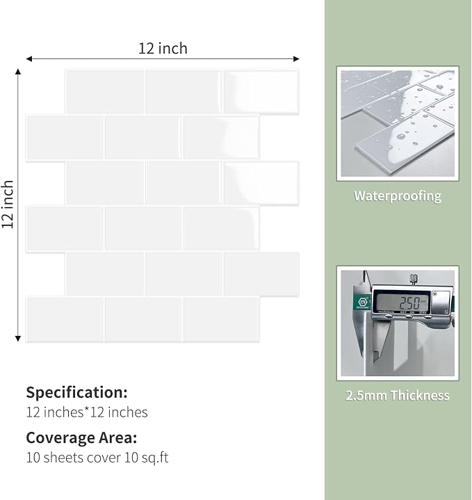 10-Sheet Thick Peel and Stick Kitchen Backsplash Tiles(White,12"×12") | 3D Subway Waterproof Self-Adhesive Wall Tile Stick on Backsplash for Kitchen and Bathroom