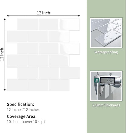 10-Sheet Thick Peel and Stick Kitchen Backsplash Tiles(White,12"×12") | 3D Subway Waterproof Self-Adhesive Wall Tile Stick on Backsplash for Kitchen and Bathroom