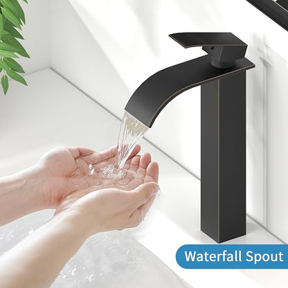 RUMOSE Tall Oil Rubbed Bronze Bathroom Faucet with Pop Up Drain Modern Single Handle One Hole Bathroom Vessel Sink Faucet Waterfall Spout Rv Lavatory Vanity Faucet Deck Mount Mixer Tap Stainless Steel
