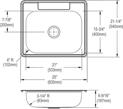 Elkay D125213 Dayton Single Bowl Drop-in Stainless Steel Sink 25 x 21