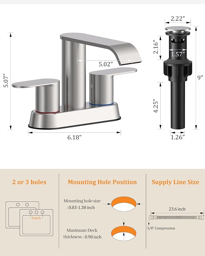 Waterfall Bathroom Sink Faucet Brushed Nickel 4 Inch Centerset Two Handle | Stainless Steel Modern Bathroom Faucets with Pop up Drain Supply Hose for Vanity RV 2 or 3 Hole Sink by Homevacious