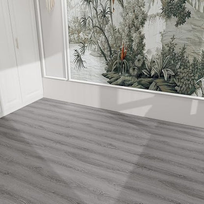 Wood Grain Peel and Stick Floor Tiles, 11.8" W × 394" L, Soft Gray | Soft wood‑look finish, Non‑slip texture, Long rolls reduce seams, Low‑maintenance surface, Budget‑friendly option, Waterproof
