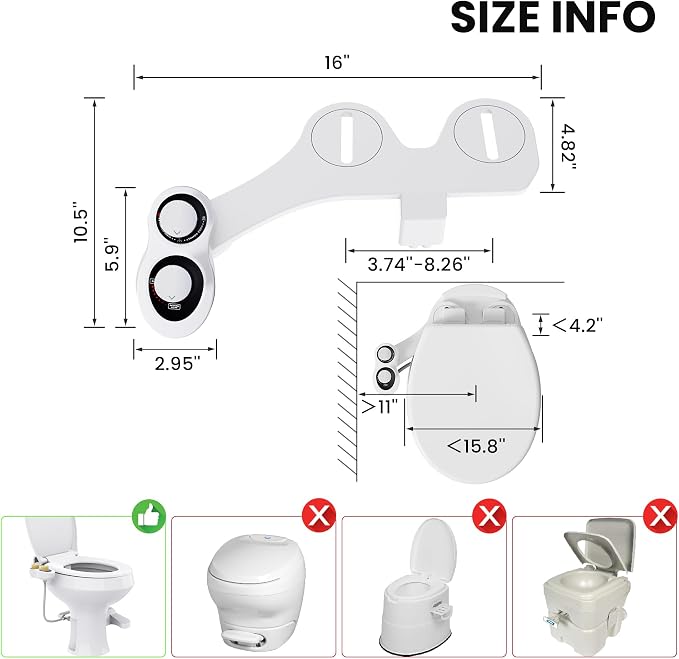 RV Bidet Toilet Seat Attachment, RV Bidet for Camper Toilet with Dual Nozzles, Self/Rear/Front Cleaning, Non-Electric, Adjustable Water Pressure, Fresh Water (Chrome Knob)