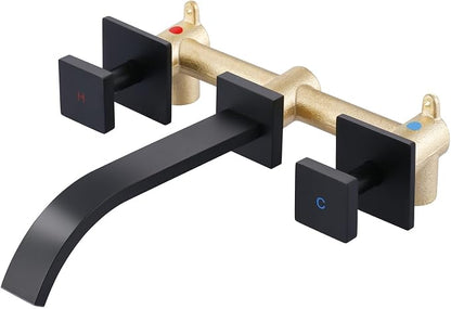 Wall-Mounted Bathroom Sink Faucet, Matte Black Bathroom Faucet | Waterfall Bathroom Faucet with Two Handles, Brass Bathroom Sink Faucet, Wall-Mounted Washroom Faucets and Rough-in Valve