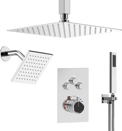 Ceiling Mount 12" High-Pressure Rainfall Shower Faucet, Dual Rainfall Shower Head System with Valve (Polished Chrome)