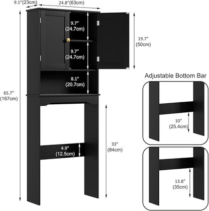 RRX Over The Toilet Storage Cabinet, Bathroom Above Organizer (Black) | Free Standing Toilet Rack with Adjustable Shelf and Open Storage, Double Doors, Space Saver,24.8" L x 9.1 "W x 65.7 "H