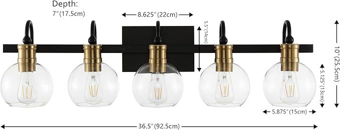 JONATHAN Y 36.5" Black/Brass Gold Vintage Wall Sconce, LED Vanity Light for Bathroom Bedroom Entryway, Clear Glass Globe Shade, Modern Industrial Arched Lamp, LED Bulb Included (JYL3556A)
