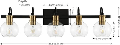JONATHAN Y 36.5" Black/Brass Gold Vintage Wall Sconce, LED Vanity Light for Bathroom Bedroom Entryway, Clear Glass Globe Shade, Modern Industrial Arched Lamp, LED Bulb Included (JYL3556A)