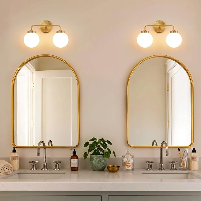Modern Brushed Gold Vanity Lights for Bathroom, Mid Century 2 Light Bathroom Vanity Light with Globe Milky White Glass Shade Over Mirror, Brass Wall Sconce for Bathroom Hallway Living Room Bedroom