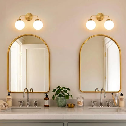 Modern Brushed Gold Vanity Lights for Bathroom, Mid Century 2 Light Bathroom Vanity Light with Globe Milky White Glass Shade Over Mirror, Brass Wall Sconce for Bathroom Hallway Living Room Bedroom