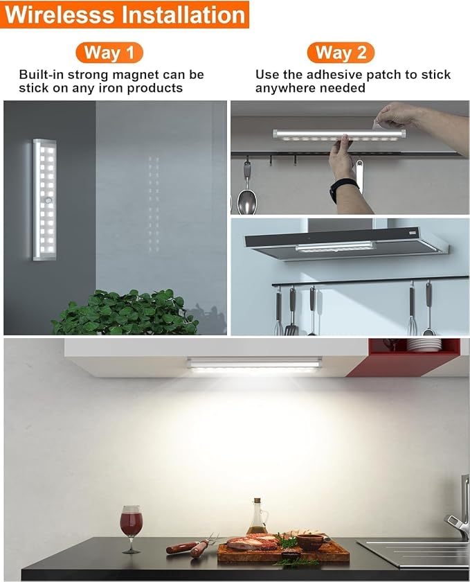 Under Cabinet Lighting Wireless, RGB LED Closet Lights, 4 Pack | 58 LEDs,Rechargeable Motion Sensor Light Indoor, Remote,Dimmable Under Counter Lights, Magnetic Night Lights for Kitchen