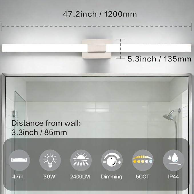 Brushed Nickel Bathroom Vanity Light - 48 Inch Extra Long Modern LED Vanity Light Bar IP44 Rust-Resistant 5CCT