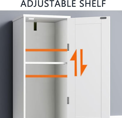 VECELO Tall Bathroom Storage Cabinet with Mirror and Hidden Basket, Freestanding Slim Organizer with Adjustable Shelves and Shutter Door, for Laundry Room Bathroom, White
