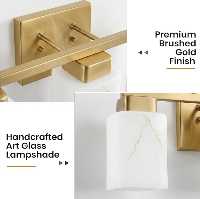 4-Light Square Bathroom Light Fixture, Gold Modern Vanity Light with White Marble Glass Shade, for Bathroom Mirror, Living Room, Bedroom, Hallway, E26 Base
