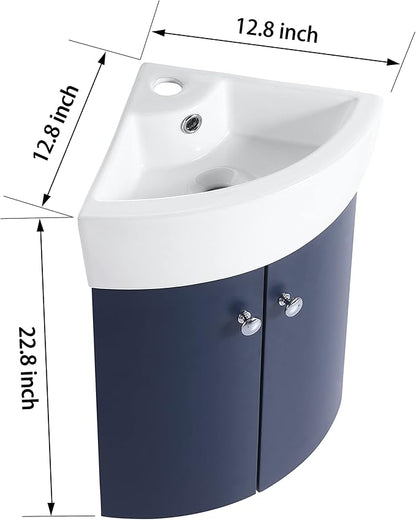 12 Inch Bathroom Vanity with White Sink Combo, Wall-Mounted Bathroom Vanity 2 Door for Small Space, Modern Floating Bathroom Cabinet with Top Basin & Storage Cabinet,Blue