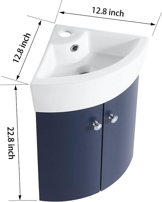 12 Inch Bathroom Vanity with White Sink Combo, Wall-Mounted Bathroom Vanity 2 Door for Small Space, Modern Floating Bathroom Cabinet with Top Basin & Storage Cabinet,Blue