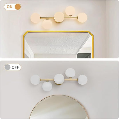 5 Light Bathroom Vanity Light,Gold Bath Room Light Fixtures Over Mirror,Modern Vanity Lights for Bath Room,Makeup Lights for Vanities,Brass Gold Bathroom Sconces with Milk Globe Glass,G9 Base