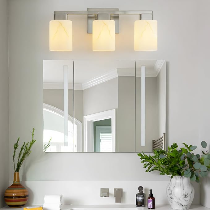 3-Light Square Bathroom Light Fixture, Brushed Nickel Modern Vanity Light with White Marble Glass Shade, for Bathroom Mirror, Living Room, Bedroom, Hallway, E26 Base