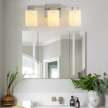 3-Light Square Bathroom Light Fixture, Brushed Nickel Modern Vanity Light with White Marble Glass Shade, for Bathroom Mirror, Living Room, Bedroom, Hallway, E26 Base