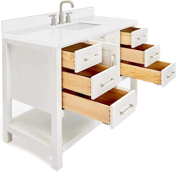 DKB Olivia 48-Inch White Bathroom Vanity with Sink, 1.5-Inch Carrara Quartz Countertop & Backsplash, Rectangular Undermount Sink, 2 Soft-Closing Doors, 6 Dovetail Drawers, Brushed Nickel