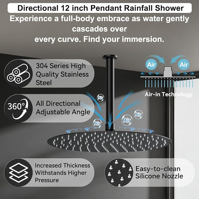 Shower Systems Round Shower Faucet Sets,12+6" Dual Rainfall Shower head with 2 in 1 Handheld Spray, Ceiling Mount Push Button Shower Set with Valve and Trim Kit Matte Black,Can Use All at Once