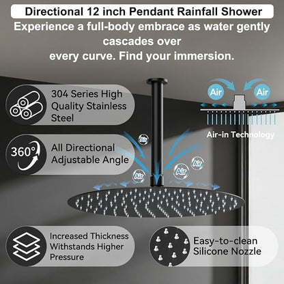 Shower Systems Round Shower Faucet Sets,12+6" Dual Rainfall Shower head with 2 in 1 Handheld Spray, Ceiling Mount Push Button Shower Set with Valve and Trim Kit Matte Black,Can Use All at Once