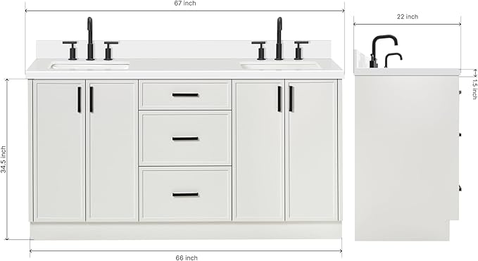 ARIEL Kelly 66-inch Bathroom Vanity with Sink,Solid Wood, 1.5-inch Pure White Quartz Countertop & Backsplash, Double Rectangular Porcelain Sink, 4 Soft Closing Doors, 5 Dovetail Drawers, White