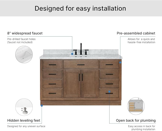 ARIEL Hepburn 60-inch Bathroom Vanity with Sink,Solid Wood, 1.5-inch Italian Carrara Marble Countertop, Single Rectangular Porcelain Sink, 2 Soft Closing Doors, 9 Dovetail Drawers, Brown Oak