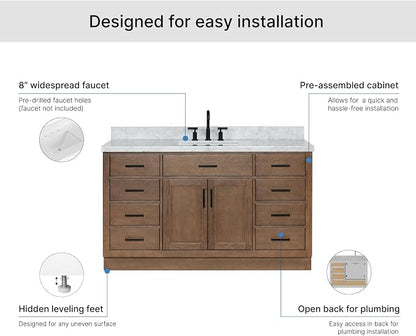 ARIEL Hepburn 60-inch Bathroom Vanity with Sink,Solid Wood, 1.5-inch Italian Carrara Marble Countertop, Single Rectangular Porcelain Sink, 2 Soft Closing Doors, 9 Dovetail Drawers, Brown Oak