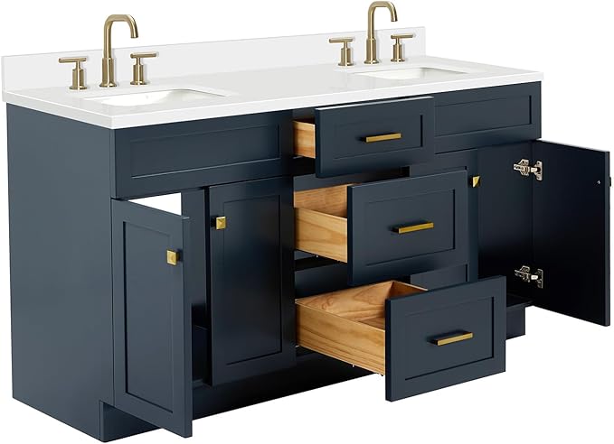 ARIEL Hamlet 66-inch Bathroom Vanity with Sink,Solid Wood, 1.5-inch Pure White Quartz Countertop, Double Rectangular Porcelain Sink, 4 Soft Closing Doors, 3 Dovetail Drawers, Midnight Blue