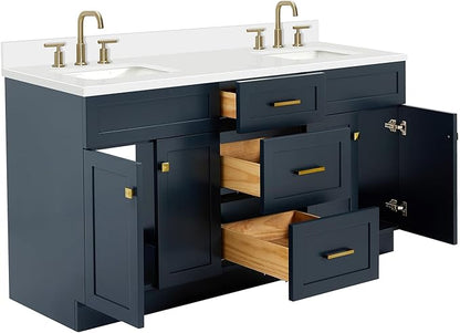 ARIEL Hamlet 66-inch Bathroom Vanity with Sink,Solid Wood, 1.5-inch Pure White Quartz Countertop, Double Rectangular Porcelain Sink, 4 Soft Closing Doors, 3 Dovetail Drawers, Midnight Blue