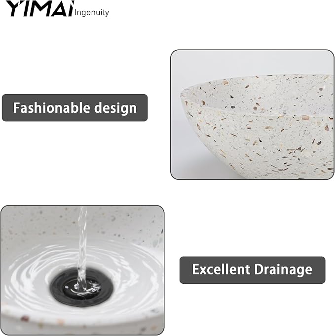 YIMAI Terrazzo Vessel Sink with Faucet and Drain, 15.7" Round Concrete Bathroom Sink Above Counter, Modern Artisanal Wash Basin Bowl with Matte Finish, Easy Install Combo Set for Vanity