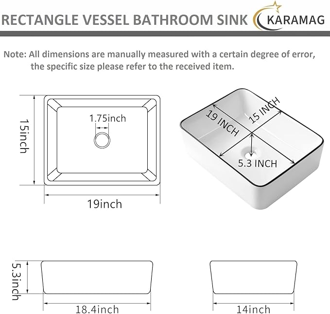 White Vessel Sink,Rectangle 19"x15" Bathroom Sink Above Counter Porcelain Ceramic Small Sink Bowl Ceramic Vessel Sinks for Bathrooms